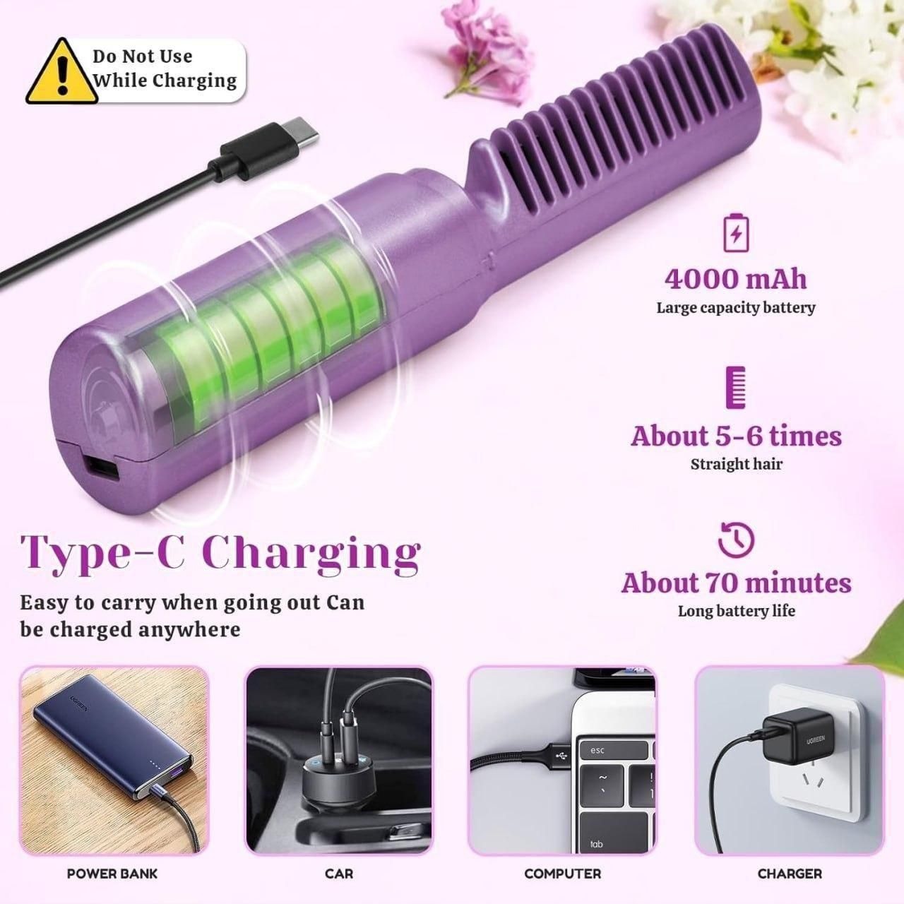 Wireless Heat Straightening Comb – USB Rechargeable & Travel-Friendly